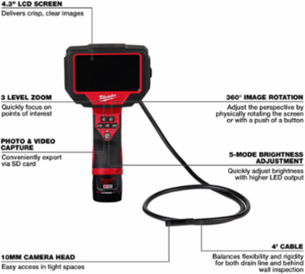 M12 M-Spector 360 Inspection Camera, 4 ft Cable, 720p LCD, 10mm Head
