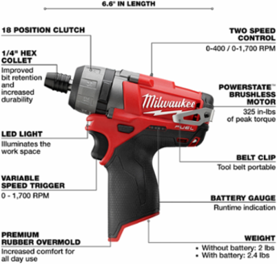 M12 FUEL™ 1/4 Inch Hex 2-Speed Cordless Screwdriver, 350 in-lbs Torque