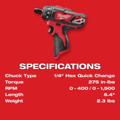 M12 1/4 Inch Hex 2-Speed Cordless Screwdriver Kit, 275 in-lbs Torque, 1500 RPM