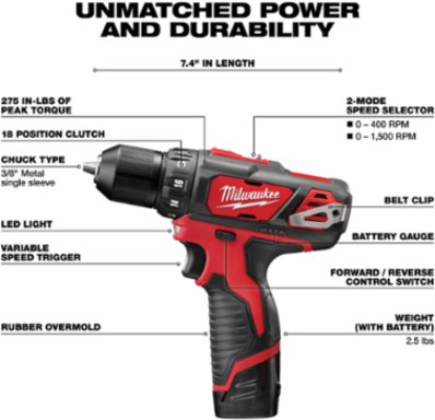 M12 3/8 Inch Cordless Drill/Driver Kit, 275 in-lbs Torque, 1500 RPM