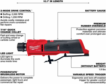 M12 FUELTM Low Speed Tire Buffer, 2 Inch Width, 2500 RPM, 1.8 lbs