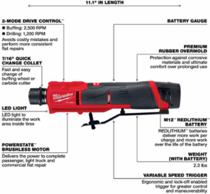M12 FUELTM Low Speed Tire Buffer Kit, 11 Inch Length, 2500 RPM, Cordless