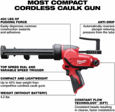 M12 10 oz Cordless Caulk Gun with 400 lbs Pushing Force