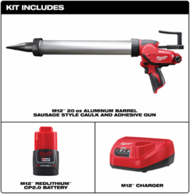 M12TM Cordless Sausage Caulk Gun Kit, 20 oz Capacity, 400 lbs Force, 0-28 IPM