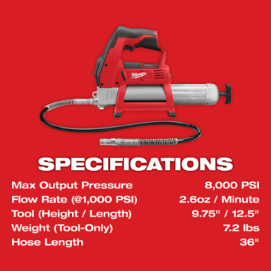 M12TM Cordless Grease Gun, 8000 PSI, 36 Inch Hose, 7 Cartridge Capacity