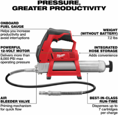 M12TM Cordless Grease Gun, 8000 PSI, 36 Inch Hose, 7 Cartridge Capacity