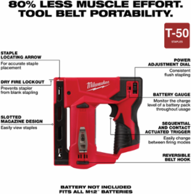 M12 3/8 Inch Crown Stapler, Cordless, 3.0 lbs, 12 Volt Battery