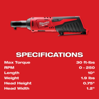 M12TM Cordless 1/4 Inch Ratchet, 30 ft-lbs Torque, 250 RPM, 1.9 lbs