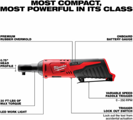 M12TM Cordless 1/4 Inch Ratchet, 30 ft-lbs Torque, 250 RPM, 1.9 lbs