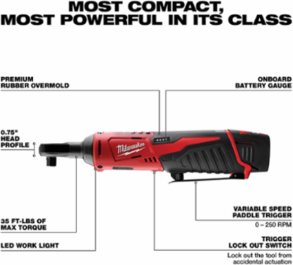 M12 Cordless 3/8 Inch Ratchet Kit, 12V, 35 ft-lbs Torque, 250 RPM