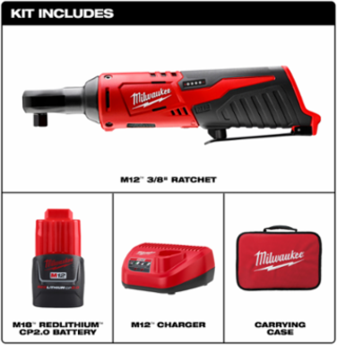M12 Cordless 3/8 Inch Ratchet Kit, 12V, 35 ft-lbs Torque, 250 RPM