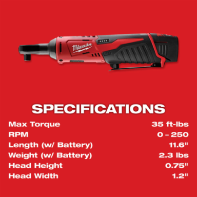 M12 Cordless 3/8 Inch Ratchet Kit, 12V, 35 ft-lbs Torque, 250 RPM