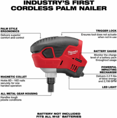 M12 Cordless Lithium-Ion Palm Nailer, 6.5 Inch, 3.4 lbs, 12V Battery
