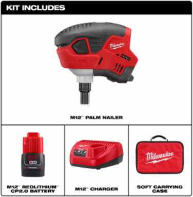 M12 Cordless Palm Nailer Kit - 12V, 6.5 Inch Height, 3.4 lbs Weight