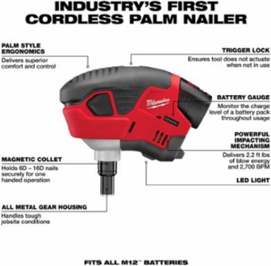 M12 Cordless Palm Nailer Kit - 12V, 6.5 Inch Height, 3.4 lbs Weight