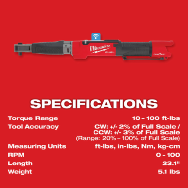 M12 FUEL 3/8 Inch Digital Torque Wrench, 10-100 ft-lbs Torque Range, ONE-KEY Technology