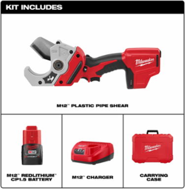 M12 Cordless PVC Shear, Cuts 2 Inch Schedule 40 PVC in 3 Seconds