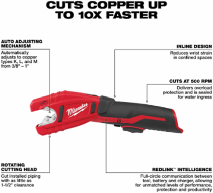 M12 Cordless Copper Tubing Cutter, 500 RPM, Cuts 3/8 to 1 Inch Tubing