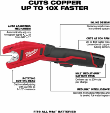 M12 Cordless Lithium-Ion Copper Tubing Cutter, 3/8 to 1 Inch Capacity, 500 RPM
