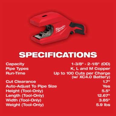 M12TM Brushless Copper Tubing Cutter 1-1/4" to 2" Cutting Capacity