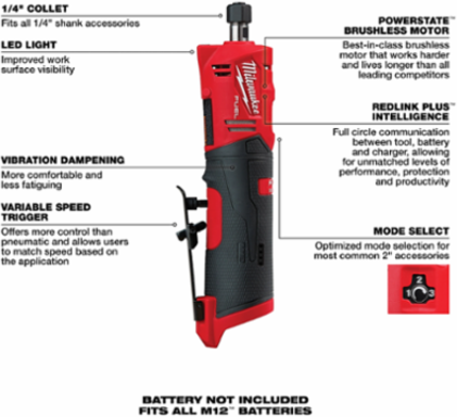 M12 FUEL 1/4 Inch Straight Die Grinder, 0.3 HP, Cordless, 20,000 RPM