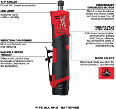 M12 FUEL™ 1/4 Inch Straight Die Grinder Kit, 0.3 HP, Cordless, 20000 RPM