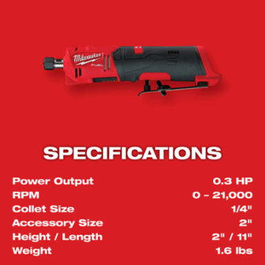 M12 FUEL™ 1/4 Inch Straight Die Grinder Kit, 0.3 HP, Cordless, 20000 RPM