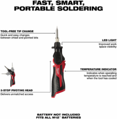 M12 Soldering Iron, 90W, 750°F Max Temp, Interchangeable Chisel/Pointed Tip
