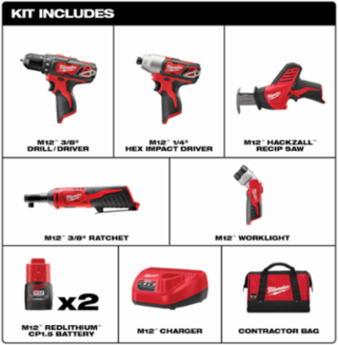 M12™ Cordless 5-Tool Combo Kit with 12V Battery Power, Includes Drill, Impact Driver, Saw, Ratchet, Light