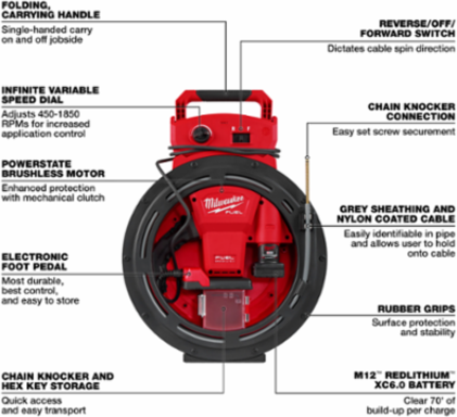 M12 FUEL™ High Speed Chain Snake for 1-1/4”-2” Pipes