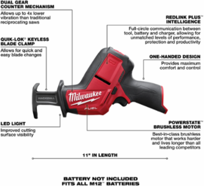 M12 FUEL HACKZALL Reciprocating Saw, 11 Inch Length, 12V Cordless, 3.2 lbs