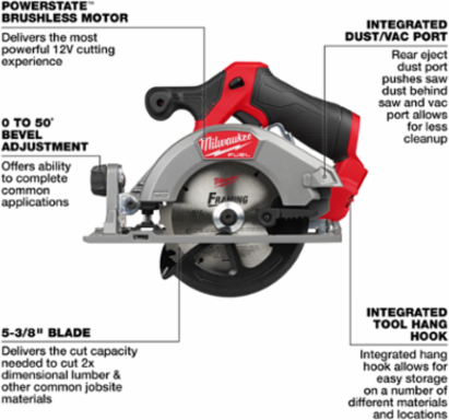 M12 FUEL 5-3/8 Inch Circular Saw, 12V, 4.50 lbs, Electric Cordless, Brushless Motor