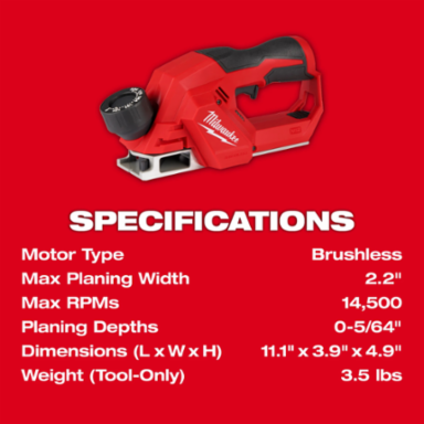 M12 Brushless 2 Inch Planer, 14,500 RPM, 2 Blades, 21 Depth Settings