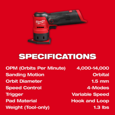 M12 FUEL™ Orbital Detail Sander, 1.5mm Orbit, 1.67 lbs, Cordless