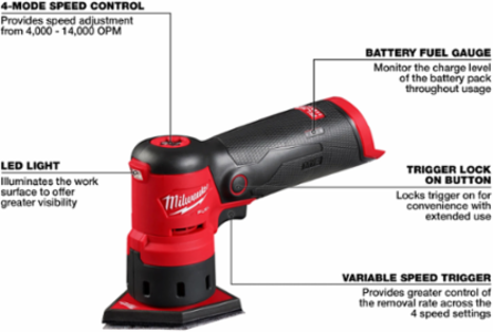 M12 FUEL™ Orbital Detail Sander, 1.5mm Orbit, 1.67 lbs, Cordless