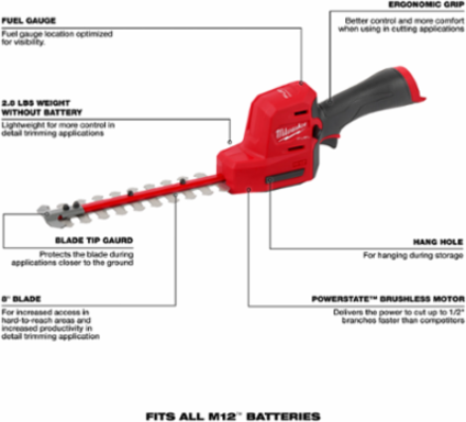 M12 FUELTM 8 Inch Hedge Trimmer, 2.8 lbs, 1/2 Inch Cut Capacity, 2700 SPM