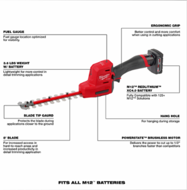 M12 FUEL 8 Inch Hedge Trimmer, 1/2 Inch Cutting Capacity, 2700 SPM