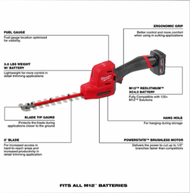 M12 FUEL 8 Inch Hedge Trimmer, 1/2 Inch Cutting Capacity, 2700 SPM