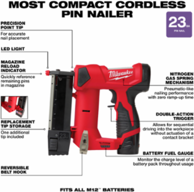 M12™ Cordless 23 Gauge Pin Nailer Kit, 1/2" to 1-3/8" Fastener Range, 3.3 lbs