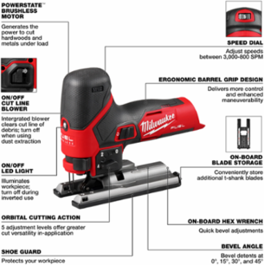M12 FUEL™ Jig Saw, 3.4 lbs, 3000 SPM, 7/8" Stroke Length, Orbital Action