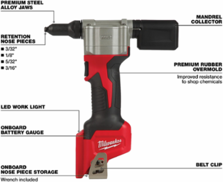 M12™ Cordless Rivet Tool, 2000 lbs Pull, 6.5 Inch Length, 3/32-3/16 Inch Rivets