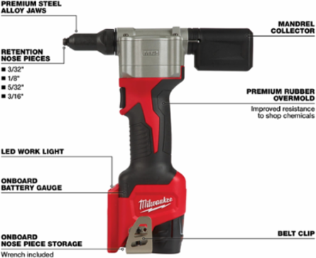 M12TM Cordless Rivet Gun Kit, 6.5 Inch Length, Pulls 3/16 Inch Rivets, 2000 lbs Force