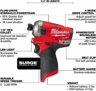 M12 FUEL™ SURGE™ 1/4 Inch Hex Hydraulic Driver, 3000 RPM, 2.0 lbs