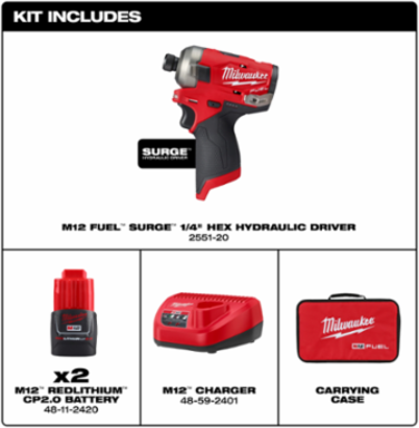M12 FUEL™ SURGE™ 1/4 Inch Hex Hydraulic Driver Kit with 2.0 Ah Batteries