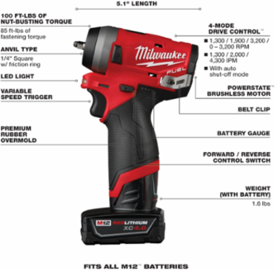M12 FUEL™ Stubby 1/4 in. Impact Wrench Kit