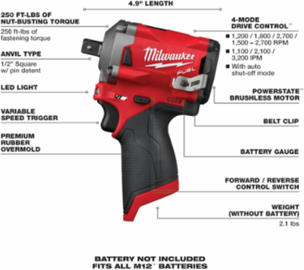 M12 FUEL™ Stubby 1/2 in. Pin Impact Wrench