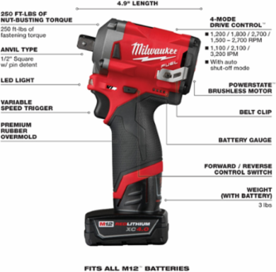 M12 FUEL™ Stubby 1/2 in. Pin Impact Wrench Kit