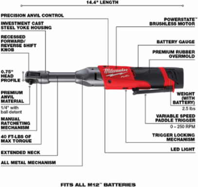 M12 FUEL™ 1/4 in. Extended Reach Ratchet 1 Battery Kit
