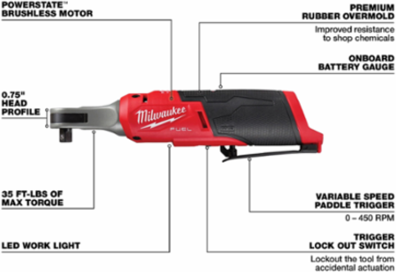 M12 FUEL™ 3/8 Inch High Speed Ratchet, 450 RPM, 420 in-lbs Torque, 2.1 lbs