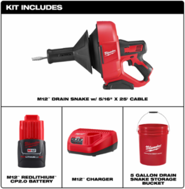 M12TM Drain Snake Kit, 2.5 Inch Max Pipe Diameter, 10 lbs Lightweight Design